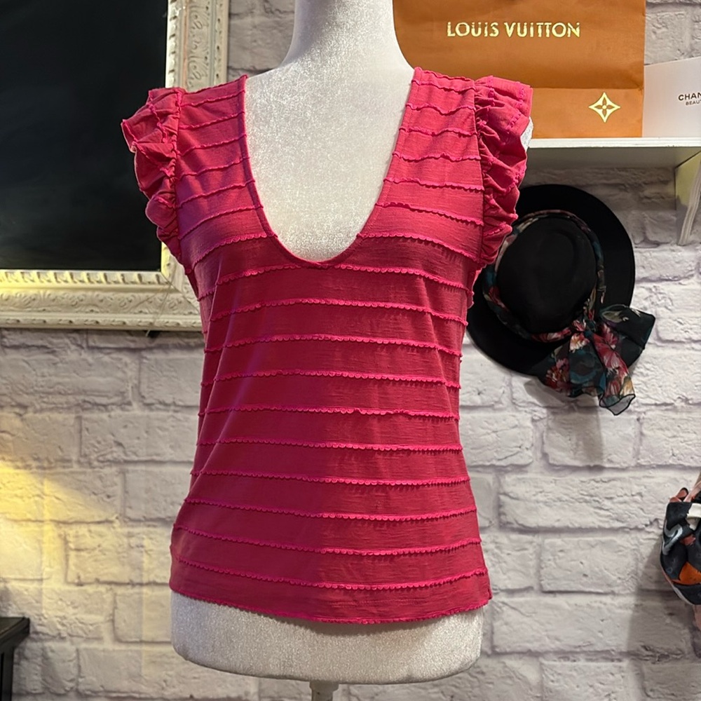 Anthropologie Hot Pink Ruffled Sleeve Tank Top